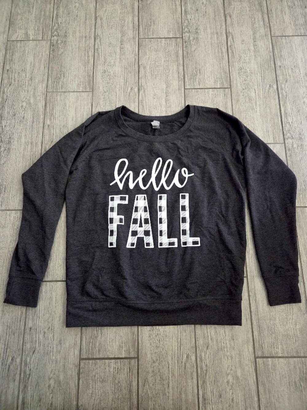 Instant Message Hello Fall Buffalo Plaid Gray Crewneck Sweater Size Women's L